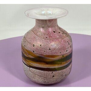 Vintage art glass vase, pink, green, gold, hand blown, signed Gozo Jean